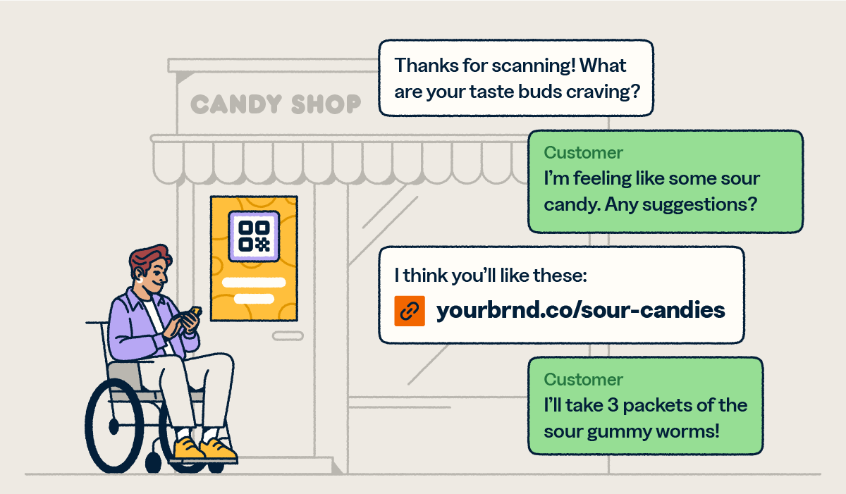 Person on a phone outside of a candy shop interacting with a QR Code.