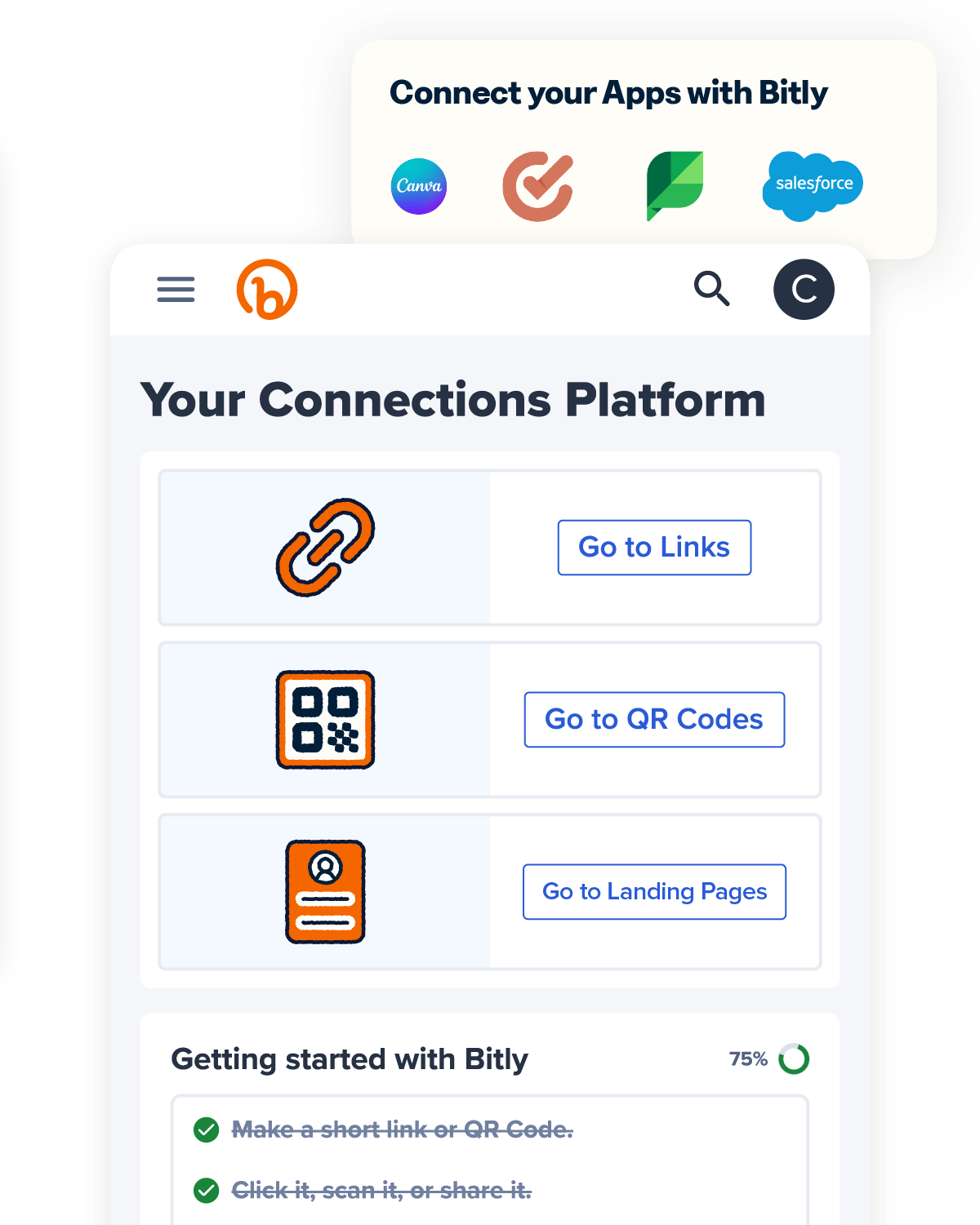 Bitly dashboard with a callout for connecting apps to Bitly