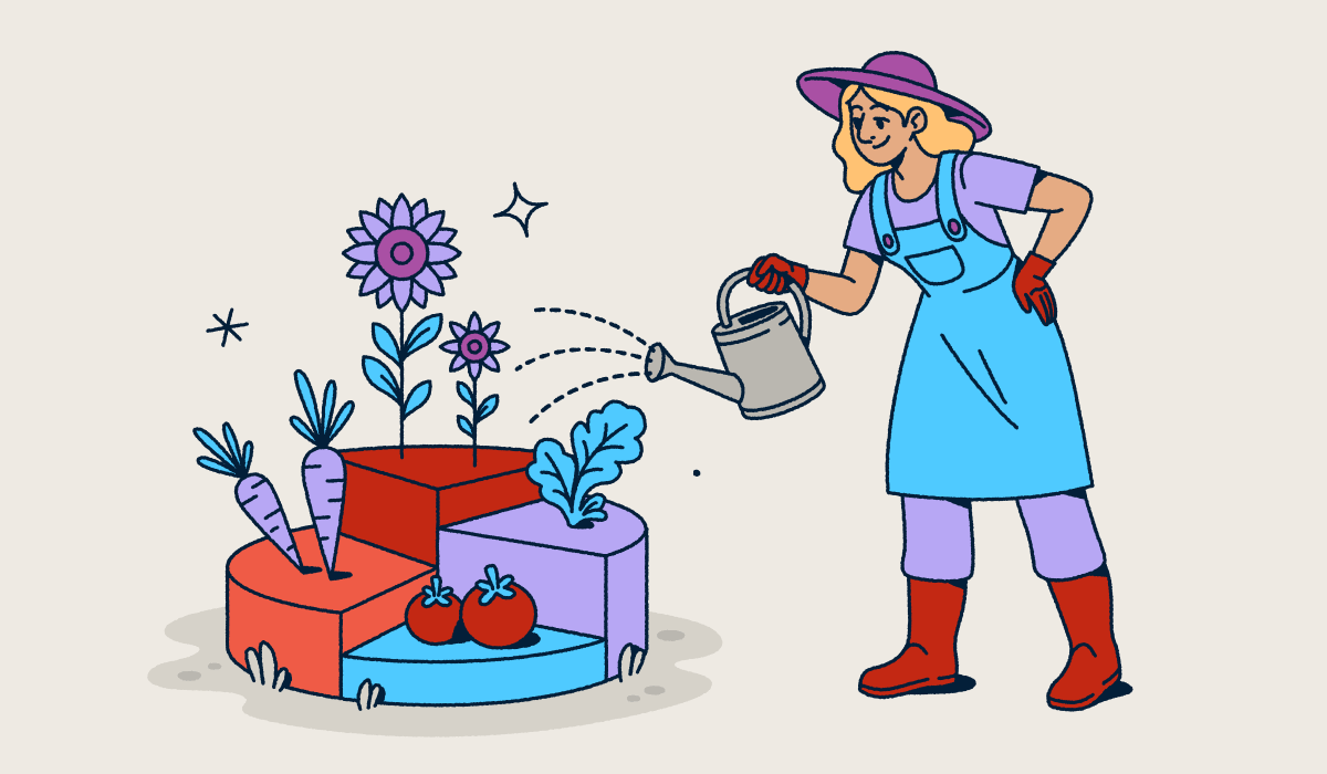 Illustration of a gardener wearing a hat and overalls watering a modular garden with different sections containing vegetables and flowers. The segmented garden plots represent data visualization concepts for analytics, data segmentation, and measuring growth through metrics.