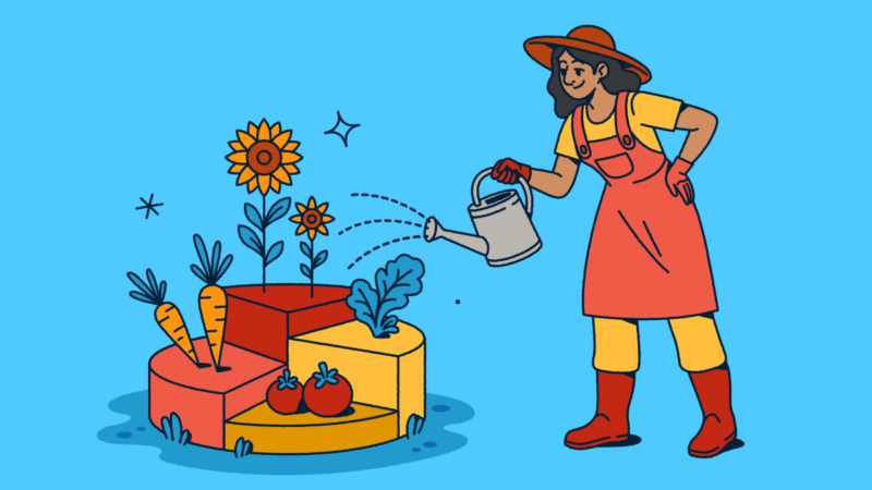 Illustration of a gardener wearing a hat and overalls watering a modular garden with different sections containing vegetables and flowers. The segmented garden plots represent data visualization concepts for analytics, data segmentation, and measuring growth through metrics.