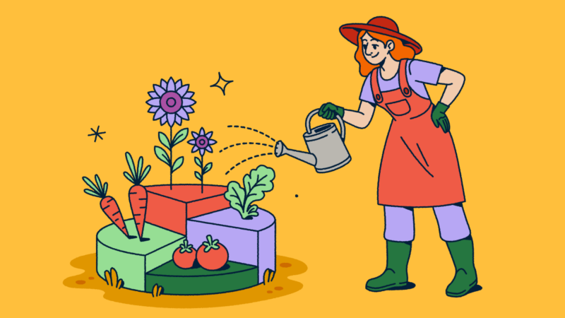 Illustration of a gardener wearing a hat and overalls watering a modular garden with different sections containing vegetables and flowers. The segmented garden plots represent data visualization concepts for analytics, data segmentation, and measuring growth through metrics.