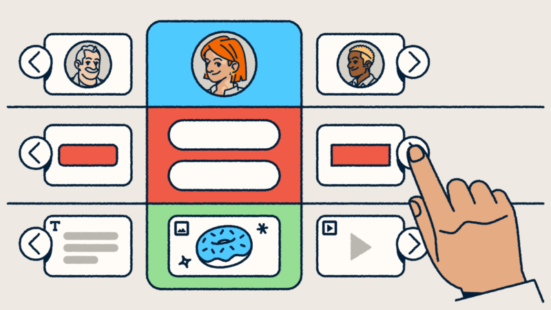 A customizable landing page selector with modules including profiles, buttons, text blocks, images, and video, with a hand selecting to build or edit a layout.