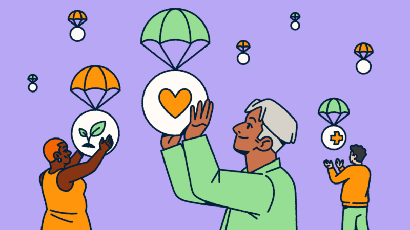 Diverse volunteers supporting nonprofit causes with parachuting icons representing healthcare, environmental sustainability, and compassionate community services.