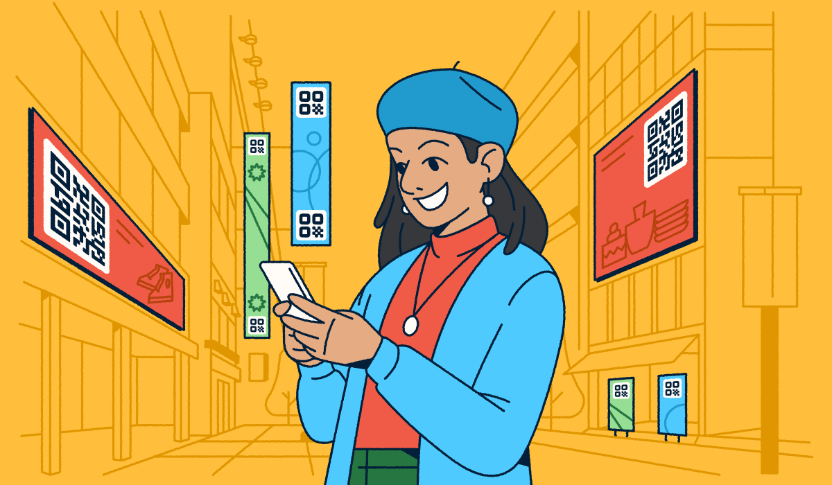 A woman standing in a city with digital advertisements featuring QR Codes around her. She's holding a smartphone in her hands.