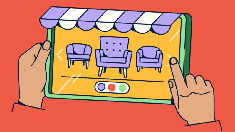 Hands holding a tablet that looks like a retail front with an awning. Furniture is displayed on the screen.