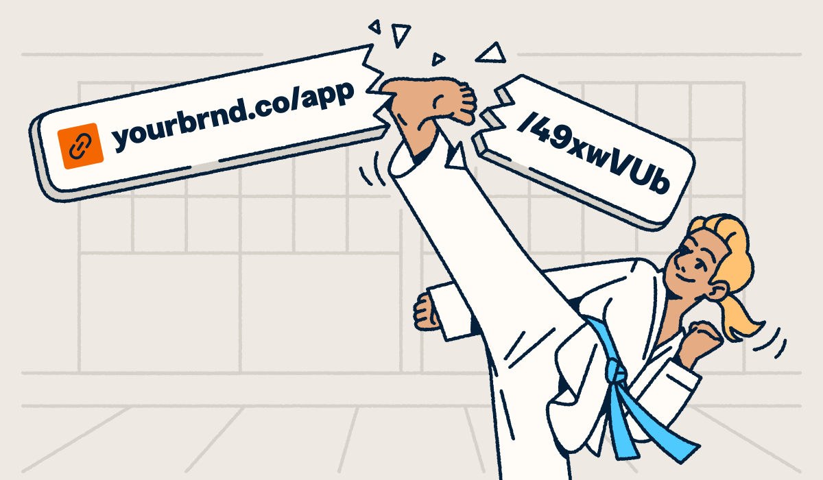 A martial artist breaking a long, generic URL with a high kick to reveal a custom branded short link.