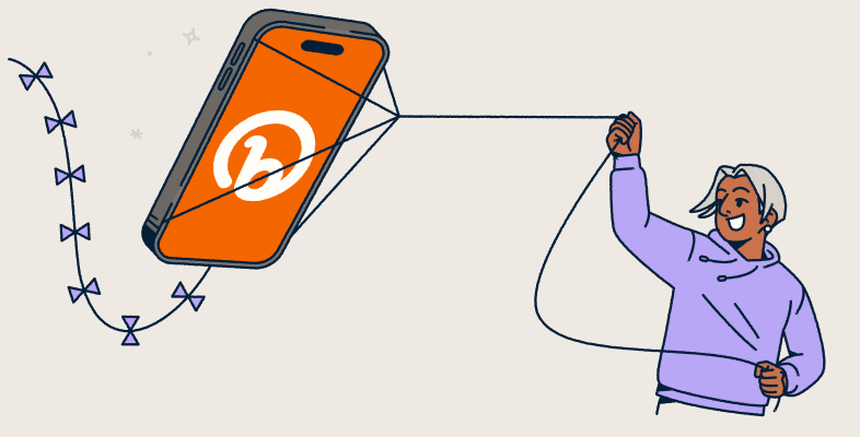 Illustration of a mobile phone flying like a kite, depicting a Bitly logo